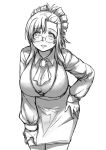  1girl breasts brooch cleavage cowboy_shot cravat cropped_legs downblouse glasses hand_on_hip hand_on_thigh jewelry kazami_mizuho large_breasts leaning_forward looking_at_viewer onegai_teacher pas_(paxiti) pencil_skirt rimless_glasses sketch skirt solo teacher 