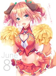  1girl 8 animal_ears blush breasts brown_hair cheerleader cleavage cleavage_cutout collarbone dog_ears dog_tail drill_hair fang green_eyes hair_ornament hair_ribbon hairclip haruka_natsuki june looking_at_viewer midriff miniskirt navel number original pom_poms ribbon skirt solo tail twin_drills 