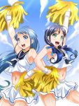  2girls :d adapted_costume armpits arms_up bangs bare_shoulders blue_eyes blue_hair bracelet cheerleader clouds gradient_hair green_eyes hair_ribbon hand_on_hip highres jewelry kantai_collection long_hair multicolored_hair multiple_girls navel open_mouth pom_poms r44 ribbon samidare_(kantai_collection) school_uniform serafuku skirt sky smile suzukaze_(kantai_collection) sweatband swept_bangs twintails very_long_hair wrist_cuffs wristband 