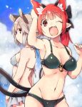  2girls akagashi_hagane alternate_hairstyle animal_ears arm_up bell bikini bikini_top blue_sky cat_ears cat_tail clouds extra_ears fang grey_hair hair_ornament hair_ribbon kaenbyou_rin looking_at_viewer looking_down midriff mouse_ears mouse_tail multiple_girls multiple_tails navel nazrin one_eye_closed open_mouth panties pointy_ears ponytail profile red_eyes redhead ribbon sky smile swimsuit tail touhou underwear 