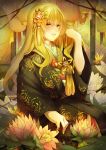  1girl alternate_costume alternate_hairstyle blonde_hair braid flower hair_ornament highres japanese_clothes kimono kirisame_marisa long_hair long_sleeves looking_at_viewer lotus open_mouth partially_submerged sitting solo touhou vieny water wide_sleeves yellow_eyes yukata 