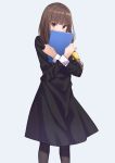  1girl bangs black_dress black_legwear blunt_bangs blush brown_eyes brown_hair commentary_request covered_mouth covering_mouth crossed_arms dress eyebrows_visible_through_hair feet_out_of_frame hands_up highres holding holding_notepad iino_miko kaguya-sama_wa_kokurasetai_~tensai-tachi_no_renai_zunousen~ kiona_(giraffe_kiona) long_hair long_sleeves looking_at_viewer notepad object_hug pantyhose school_uniform shuuchiin_academy_uniform simple_background solo standing twintails white_background 