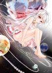  1girl bare_arms bare_legs bare_shoulders barefoot bell bent_knees breasts cleavage dress feet hair_ribbon hands_together highres interlocked_fingers juna long_hair looking_at_viewer original planet red_eyes ribbon silver_hair smile solo space star 