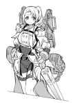  1girl bodystocking character_request faulds hand_on_hilt mecha_musume original over-kneehighs over_shoulder pas_(paxiti) short_twintails solo sword thigh-highs twintails weapon weapon_over_shoulder 