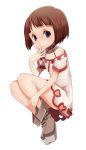  1girl black_eyes boots brown_hair dress hand_on_own_face looking_at_viewer original short_hair sitting smile solo uni_mate white_background white_dress 