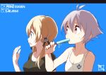  2girls anchor_hair_ornament anchor_symbol antenna_hair black_shirt blonde_hair blue_background blue_eyes brown_eyes character_name collarbone eating food_in_mouth hair_ornament kantai_collection long_hair multiple_girls no_hat popsicle prinz_eugen_(kantai_collection) purple_hair sakawa_(kantai_collection) shirt short_hair short_sleeves simple_background souji sweat tank_top twintails upper_body 