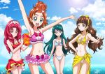  4girls akagi_towa amanogawa_kirara ball beachball bikini blue_eyes blue_hair brown_eyes brown_hair commentary_request go!_princess_precure hair_bun hairband hanzou haruno_haruka kaidou_minami long_hair multiple_girls pareo precure red_eyes redhead sarong short_hair swimsuit towa_(go!_princess_precure) violet_eyes yellow_sarong 