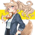  1girl animal_ears aqua_eyes bacon blonde_hair blush dog_ears dog_tail fang food food_in_mouth fried_egg hands_in_pockets highres long_hair looking_at_viewer mouth_hold original ponytail sleeves_folded_up solo tail toast toast_in_mouth umeno_(shio1205) 