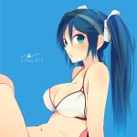  1girl bare_arms bare_legs blue_background blue_eyes blue_hair breasts dated from_side hair_between_eyes hair_ribbon hairband highres isuzu_(kantai_collection) kantai_collection long_hair looking_at_viewer midriff navel open_mouth ribbon simple_background sitting solo swimsuit tbd11 twintails white_swimsuit 