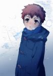  1boy breath brown_eyes brown_hair emiya_shirou fate/stay_night fate_(series) inaho178 raincoat solo yellow_eyes 