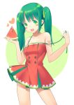  1girl blush_stickers chiiio dress food food_themed_clothes fruit green_eyes green_hair hatsune_miku heart long_hair open_mouth solo twintails vocaloid watermelon 