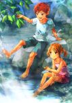  1boy 1girl bare_shoulders barefoot brown_eyes brown_hair child hair_bobbles hair_ornament legs long_hair nature original red_eyes redhead river shorts sitting skirt smile t-shirt twintails 
