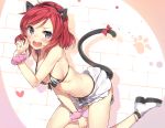  1girl animal_ears bikini_top blush breasts cat_ears cat_tail cozyquilt fang looking_at_viewer love_live!_school_idol_project midriff nishikino_maki open_mouth redhead scrunchie short_hair skirt solo strap_gap striped striped_swimsuit swimsuit tail violet_eyes 