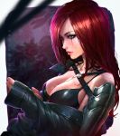  1girl artist_name barefoot breasts cleavage dog_tags green_eyes katarina_du_couteau league_of_legends lips long_hair nudtawut_thongmai parted_lips redhead scar solo wet 