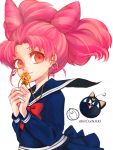  1girl bangs big_hair bishoujo_senshi_sailor_moon bow chibi_usa colored_eyelashes double_bun hands hands_together holding ironaki jewelry key long_sleeves luna-p necklace parted_bangs pearl_necklace pink_eyes pink_hair red_bow school_uniform serafuku solo white_background 
