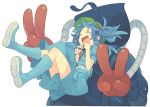  1girl backpack bag blue_hair closed_eyes double_v hair_bobbles hair_ornament hat kawashiro_nitori key morino_hon open_mouth short_hair skirt smile solo touhou twintails two_side_up v 