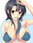  1girl anchor anchor_symbol arm_up armpits bikini bikini_bottom bikini_top black_hair blasowa breasts close-up highres holding kantai_collection large_breasts looking_to_the_side open_mouth red_eyes short_hair simple_background smile solo swimsuit takao_(kantai_collection) upper_body 