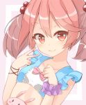  1girl bare_shoulders hair_bobbles hair_ornament kantai_collection pink_hair rateratte sazanami_(kantai_collection) short_hair short_twintails sleeveless smile solo swimsuit twintails v 