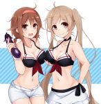  2girls ahoge bikini_top breast_hold breasts brown_hair cleavage colis_(regunm772) eggplant hairband kantai_collection long_hair midriff multiple_girls murasame_(kantai_collection) navel payot shiratsuyu_(kantai_collection) short_shorts shorts twintails unbuttoned very_long_hair 