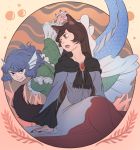  2girls :o animal_ears blue_eyes blue_hair brown_hair dress frilled_kimono frills head_fins imaizumi_kagerou japanese_clothes kimono long_hair mefomefo mermaid monster_girl multiple_girls neckerchief red_eyes smile tail touhou wakasagihime wavy_hair wolf_ears wolf_tail 