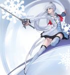  1girl blue_eyes boots character_name cropped_jacket dress earrings english high_heel_boots high_heels jewelry knee_boots long_hair long_sleeves looking_away mossi open_mouth ponytail rapier ribbon rwby scar scar_across_eye snowflakes solo sword tiara weapon weiss_schnee white_boots white_dress white_hair 