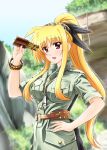  1girl belt binoculars blonde_hair bracelet diesel-turbo fate_testarossa hair_ribbon hand_on_hip jewelry long_hair looking_at_viewer lyrical_nanoha mahou_shoujo_lyrical_nanoha necklace open_mouth outdoors payot ponytail red_eyes ribbon solo very_long_hair whistle 