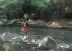  1girl boots dress forest green_hair ichiba_youichi kagiyama_hina looking_at_viewer nature red_dress ribbon river rock solo touhou 