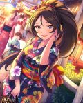  artist_request black_hair blue_eyes earrings faceless faceless_female floral_print idolmaster idolmaster_cinderella_girls japanese_clothes jewelry kimono long_hair official_art ponytail sugisaka_umi 