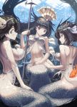  3girls aqua_eyes bangs black_eyes black_hair blunt_bangs breasts fish fish_tail floating_hair from_behind hair_ornament highres long_hair looking_at_viewer monster_girl multiple_girls original red_eyes serious siren_(mythology) sitting smile tefec underwater 