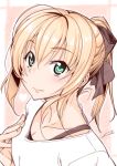  1girl ahoge artist_name blonde_hair close-up eyebrows_visible_through_hair fate/stay_night fate_(series) fue_(rhomphair) green_eyes hair_ribbon hand_on_own_chest looking_up ponytail ribbon saber signature skirt smile solo 