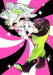  1girl :o breasts cleavage detached_collar domino_mask dress earrings gloves green_legwear hotaru_(splatoon) isojin jewelry leaning_forward mask mole mole_under_eye object_on_head open_mouth pantyhose pointy_ears short_hair solo splatoon strapless_dress tentacle_hair white_gloves white_hair 