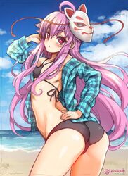  1girl bare_back beach bikini bikini_top blue_sky blush clouds colored fox_mask hata_no_kokoro jpeg_artifacts long_hair long_sleeves looking_at_viewer looking_back mask noh_mask ocean open_clothes open_mouth open_shirt panties pink_eyes pink_hair plaid plaid_shirt shirt sketch sky solo string swimsuit touhou twitter_username underwear uousa water 