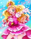  1girl absurdres blonde_hair blue_background bow cure_flora earrings eyebrows flower flower_earrings flower_necklace gloves go!_princess_precure green_eyes haruno_haruka highres jewelry long_hair magical_girl multicolored_hair necklace one_eye_closed petals pink_bow pink_hair pink_skirt precure puffy_short_sleeves puffy_sleeves sharumon short_sleeves skirt smile solo streaked_hair thick_eyebrows two-tone_hair white_gloves 