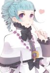  1girl ange_serena black_bow blue_hair bow capelet curly_hair frills heart index_finger_raised jewelry necklace negi_(loveyr) ponytail short_hair smile solo tales_of_(series) tales_of_innocence upper_body violet_eyes white_background 