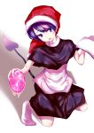  1girl apron blob blue_eyes blue_hair blush_stickers bobby_socks book doremy_sweet dress head_tilt kneeling looking_at_viewer nightcap no_shoes open_book sakushou shadow short_hair simple_background socks solo tail tongue tongue_out touhou waist_apron white_background 
