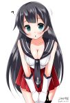  1girl ? agano_(kantai_collection) aqua_eyes black_hair breast_squeeze breasts cleavage gloves hands_on_thighs kantai_collection leaning_forward long_hair looking_at_viewer open_mouth solo yuki_no_iori 