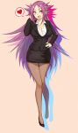  1girl :d blush breasts cleavage formal hair_between_eyes hand_in_hair hand_on_hip heart high_heels jun&#039;you_(kantai_collection) kantai_collection large_breasts long_hair miniskirt open_mouth pantyhose purple_hair rozario_(akai_rosario) silhouette skirt skirt_suit smile solo spiky_hair spoken_heart suit very_long_hair violet_eyes 