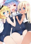  3girls absurdres ahoge blonde_hair blue_eyes blue_hair breasts covered_navel cowboy_shot flower glasses gradient_hair hair_flower hair_ornament hair_ribbon hat highres i-19_(kantai_collection) i-8_(kantai_collection) impossible_clothes impossible_swimsuit kantai_collection kou_mashiro long_hair looking_at_viewer multicolored_hair multiple_girls one-piece_tan one_eye_closed open_mouth purple_hair red_eyes ribbon ro-500_(kantai_collection) school_swimsuit school_uniform semi-rimless_glasses serafuku short_hair swimsuit swimsuit_under_clothes tan tanline under-rim_glasses 