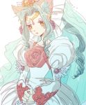  1girl agarte_lindblum animal_ears blue_hair bow cat_ears circlet crown curly_hair dress expressionless flower hair_bow juliet_sleeves long_hair long_sleeves negi_(loveyr) puffy_sleeves red_rose rose slit_pupils solo tales_of_(series) tales_of_rebirth veil white_background white_bow white_dress yellow_eyes 