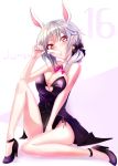  1girl animal_ears blush breasts bunnysuit cleavage detached_collar earrings haruka_natsuki high_heels jewelry june looking_at_viewer original popsicle rabbit_ears red_eyes side_ponytail silver_hair sitting solo sweat 