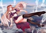  bare_shoulders breasts brown_hair detached_sleeves earrings falling highres jewelry long_hair midair original red_eyes sasagawa_(haikaiki) smile thighs very_long_hair 