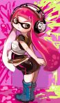  1girl arched_back arms_behind_back belt bike_shorts blue_boots boots breastplate directional_arrow domino_mask green_eyes headphones heart inkling long_hair mask paint paint_splatter pink_hair smile solo splatoon standing tentacle_hair toi_(toiot) 