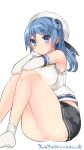  1girl 2015 :&gt; ass bare_shoulders black_skirt blue_eyes blue_hair blush bobby_socks breast_press breasts dated double_bun gloves hand_on_own_face hat highres kantai_collection knees_together_feet_apart kuro_chairo_no_neko large_breasts long_hair looking_away looking_to_the_side miniskirt paw_print pleated_skirt ringed_eyes school_uniform serafuku simple_background sitting skirt sleeveless smile socks solo twitter_username urakaze_(kantai_collection) white_background white_gloves 