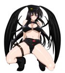  1girl amano_yuuma black_hair black_shoes black_wings blush breasts crop_top hat high_school_dxd large_breasts long_hair looking_at_viewer midriff navel police_hat raynare revealing_clothes shoes short_shorts shorts smile solo spread_legs violet_eyes white_background wings yxyyxy 