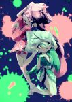  2girls ;d absurdres aori_(splatoon) black_hair domino_mask earrings fangs fox_mask highres hikimayu hotaru_(splatoon) japanese_clothes jewelry kimono leg_up light_brown_eyes long_hair long_sleeves looking_back mask mask_on_head mole mole_under_eye multiple_girls no_shoes obi one_eye_closed open_mouth paint paint_splatter pointy_ears puchiman sash short_hair short_kimono shorts silver_hair smile splatoon wide_sleeves 