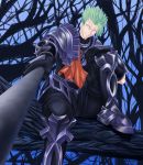  1boy absurdres armor bare_tree fate/apocrypha fate_(series) greaves green_hair highres polearm red_scarf rider_of_red scarf solo spear tree weapon 
