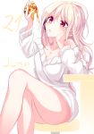  1girl breasts cleavage eating food hand_on_own_cheek haruka_natsuki june long_hair original pizza sitting solo violet_eyes white_hair 