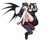  1boy 1girl animal_ears blush breasts carrying cat_ears cleavage demon_wings high_school_dxd highres hyoudou_issei japanese_clothes kuroka_(high_school_dxd) panties princess_carry red_panties sandals school_uniform smile underwear white_background wings yxyyxy 