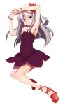  1girl arms_up bare_shoulders black_dress blue_eyes bracelet dress flower hair_flower hair_ornament jewelry light_smile looking_at_viewer original shoes short_dress silver_hair solo strapless_dress uni_mate white_background 
