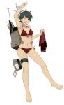  1girl absurdres armpits barefoot bikini black_hair full_body green_eyes highres kantai_collection looking_at_viewer mogami_(kantai_collection) one_eye_closed open_mouth short_hair solo standing swimsuit v white_background yukishima_mizuho 